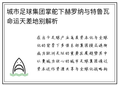 城市足球集团掌舵下赫罗纳与特鲁瓦命运天差地别解析